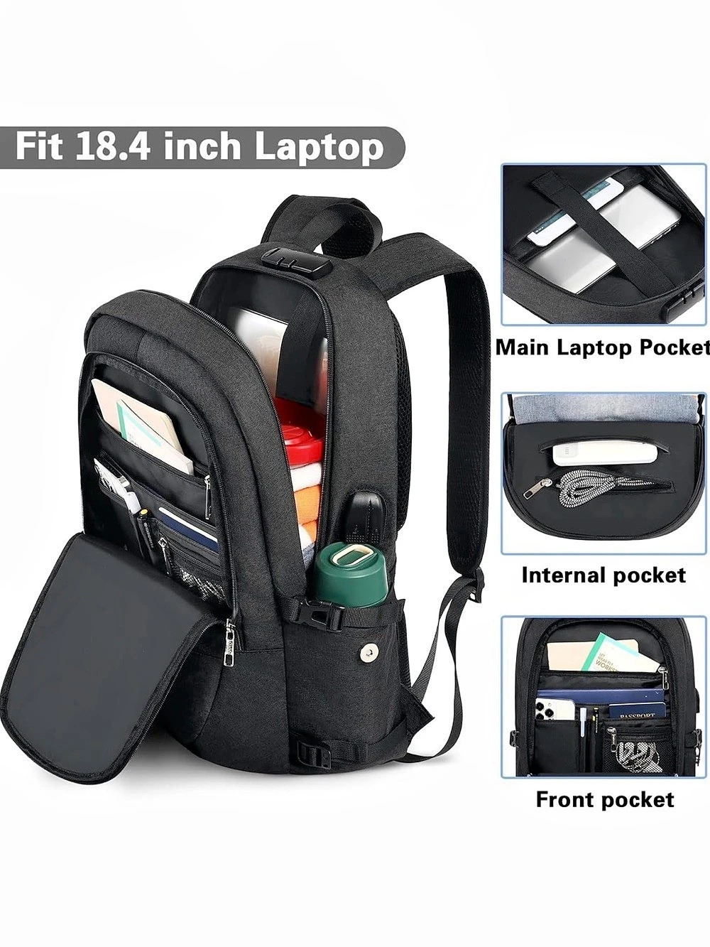 AMBOR Antitheft Travel Laptop Backpack with USB and Headphone Port- dark slate g